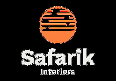Safarik Interiors logo featuring an orange circle with horizontal black stripes and text below